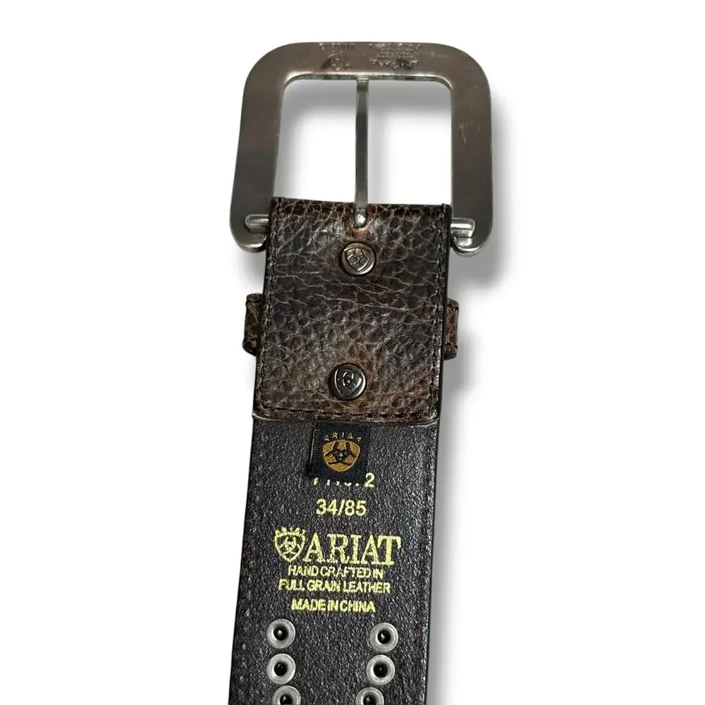 Vintage Y2k Ariat Belt Leather Brass Studded Western Original Master Buckle 34